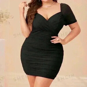 Black Ruched Mesh Dress
